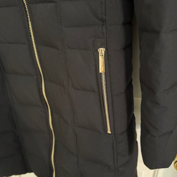 Michael Kors Black Down Hooded Long Puffer Coat Faux Fur Trim Gold Hardware Sz M - Picture 2 of 13